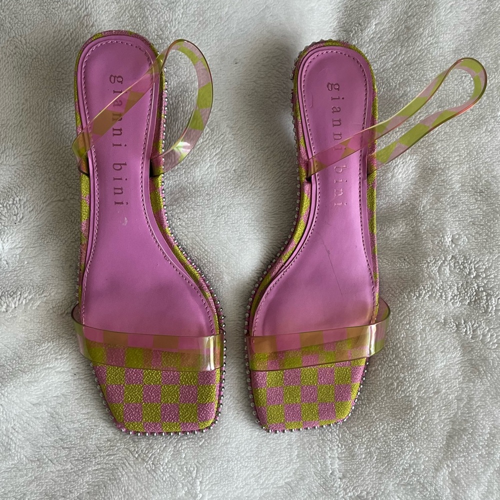 Gianni Bini Pink & Lime Checker Clear Strap Slide Sandals